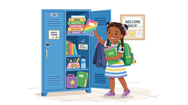 A young girl in a striped dress standing next to an open blue school locker filled with books and supplies