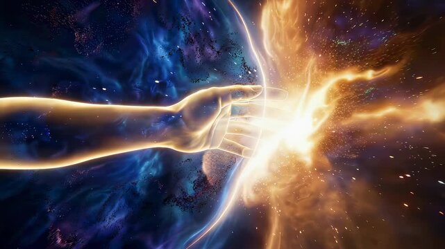 Glowing divine hand touching space to initiate creation of universe. Biblical genesis event showing cosmic evolution and formation of stars from nebular energy.