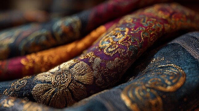 Macro view of folded brocade fabrics featuring gold metallic embroidery and floral motifs in purple and blue tones