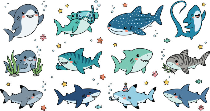 Cute Shark Characters Collection Featuring Whale Shark Hammerhead Stingray Great White and Cartoon Marine Predators Illustrations