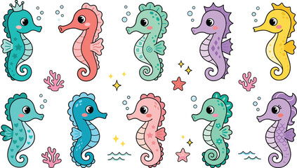 Cute Seahorse Characters Collection Featuring Colorful Marine Animals Ocean Life Underwater Creatures and Adorable Cartoon Illustrations © MdNazmul