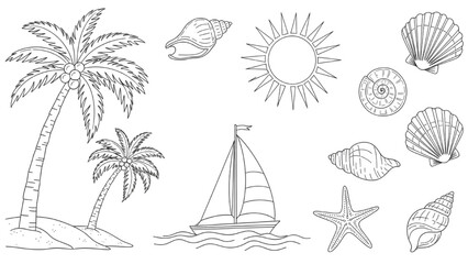 Obraz premium 2D AutoCAD Vector illustration of a sailboat under sunny seashells and palm trees