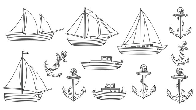Illustration of various sailboats and anchors in 2D AutoCAD Vector style