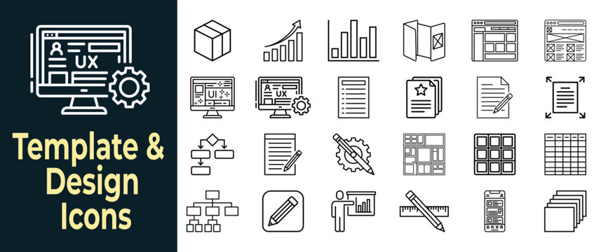 Set of hand-drawn icons for web design, ux, and development process, including templates, wireframes, and charts