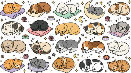 Fototapeta premium Cute Sleeping Cats and Dogs Seamless Pattern Featuring Adorable Pets Resting on Cushions Cozy Animal Background Design