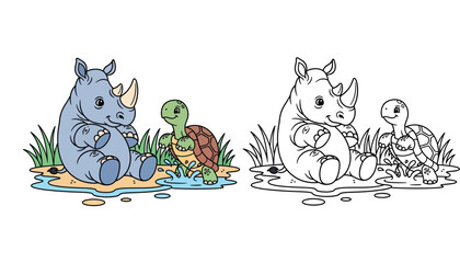 Cute cartoon baby rhino sitting by a puddle watching a playful turtle splash, perfect © Dewan
