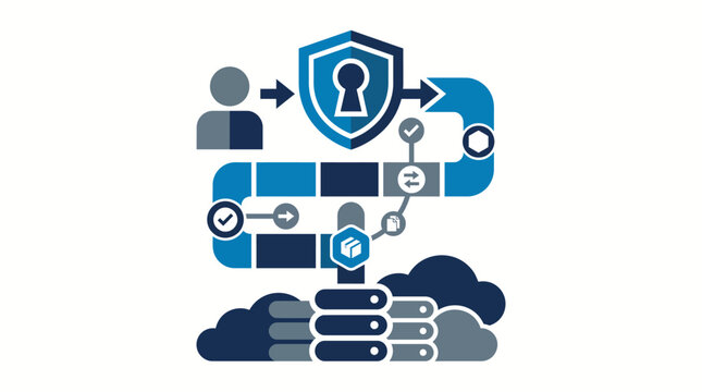 Secured Cloud Migration Data Architecture Map with Infrastructure Server Stack and Cyber Security Keyhole Shield Concept