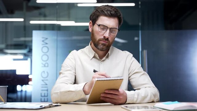Webcam view of businessman looking at camera during video conference in modern office. Confident professional communicating online, speaking with participants in virtual training or e-learning course