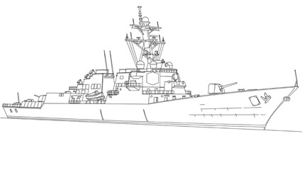 Detailed 2D AutoCAD vector illustration of a large warship with multiple turrets © Stock Image Paradise