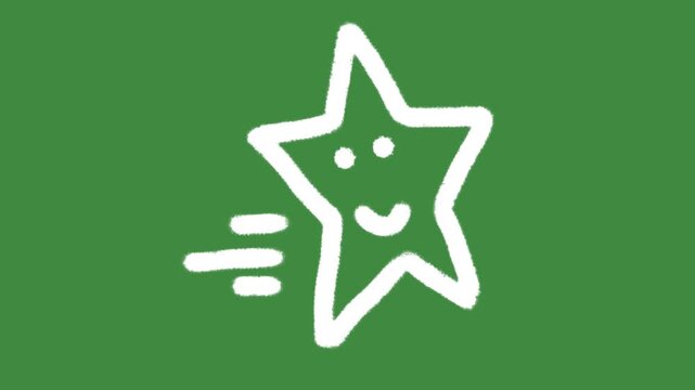 Cute smiling shooting star character hand-drawn cartoon graphic with chalk outline happy starry milestone icon isolated on green screen background for creative student reward line art element.