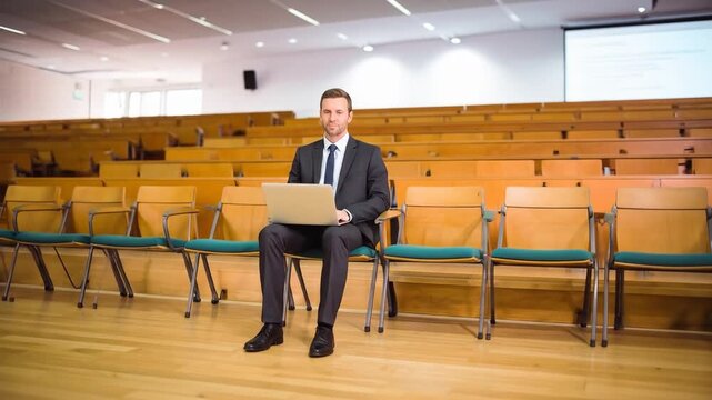Man in a suit using a laptop in an empty lecture hall.