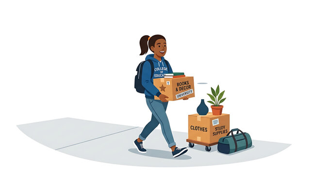 A young woman carrying boxes and luggage for college movein day with books, clothes, and study supplies