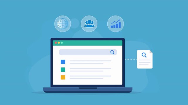 Animated flat vector dashboard on a laptop screen featuring global connectivity, cloud collaboration, and performance analytics icons. Modern business intelligence and digital workflow concept.