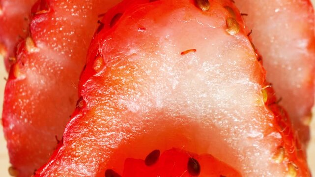 High-magnification shot of strawberry slices revealing intricate seed patterns and juicy pulp. A vibrant fruit background symbolizing freshness, vitamins, antioxidants, and healthy lifestyle choices.
