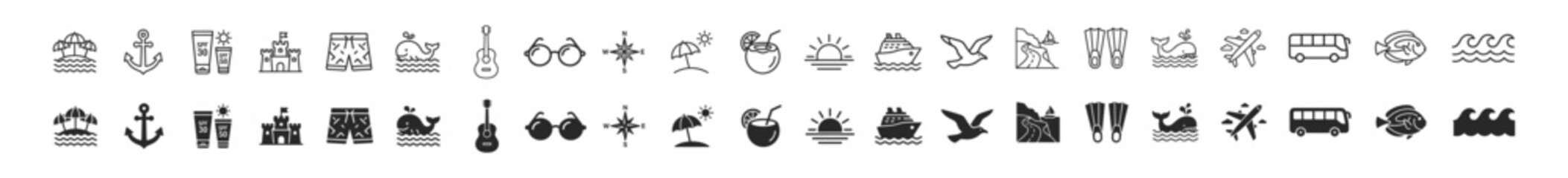 Set of black summer and beach vacation icons including umbrella, anchor, sunscreen, castle, shorts, whale, guitar, glasses, compass, cocktail, sunset, ship, bird, cliffs, flippers © Артур Дацко
