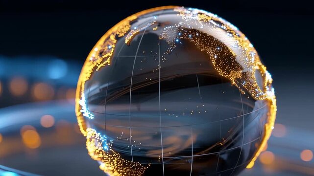 Glowing glass globe world map with data points and digital earth network lines in dark blue background, blue orange light glow sphere, globe world map network data on dark background