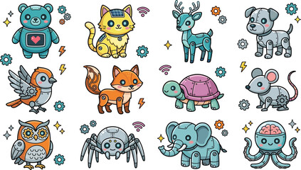 Fototapeta premium Cute Steampunk Robot Animals Collection Featuring Mechanical Bear Cat Deer Fox Turtle Owl and Cybernetic Wildlife Characters