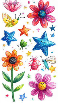 Bunte Kinderillustration mit Marienk&auml;fer, Schmetterling und Blumen