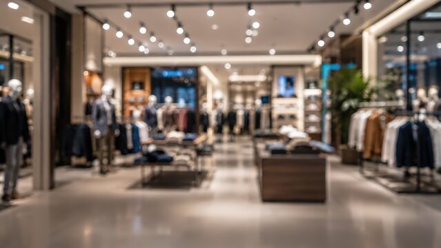 Blurred luxury clothing store interior retail fashion boutique shopping mall bokeh background apparel department store commercial space