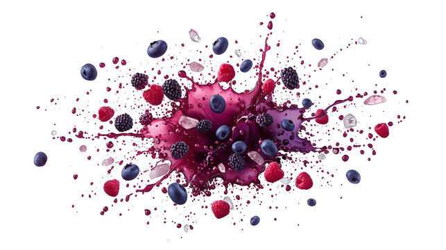 Berry Explosion: A dynamic splash of vibrant purple liquid erupts outward, showering a constellation of fresh blueberries and raspberries in a burst of sweet, fruity energy.