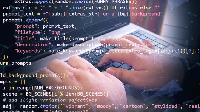 Typing on laptop keyboard with code overlay for software development and programming 4k animation