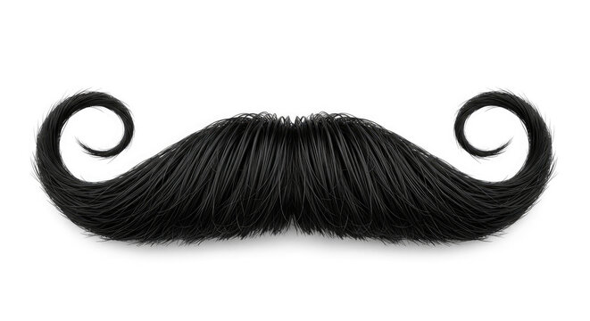A black handlebar mustache is displayed against a transparent background. The mustache has swirling, curled ends.