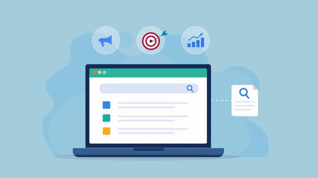 Animated flat vector dashboard on a laptop screen featuring cloud services, target monitoring, and performance analytics icons. Modern business management and digital technology concept.