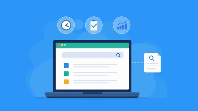 Animated flat vector dashboard on a laptop screen featuring time management, task completion, and performance tracking icons. Modern productivity and workflow monitoring concept.