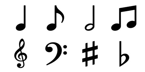 Music Notes and Musical Symbols Icon Set. Black Glyph Vector Collection Isolated on White Background © tanawat