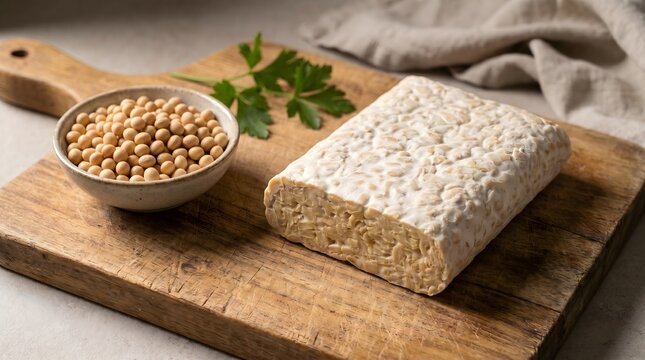 Raw tempeh block on wooden board and Fresh soybeans in ceramic bowl, Plant based protein for vegan cooking