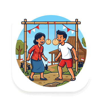 Man and woman playing tetherball outdoors.