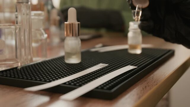 Female perfumer in black gloves dropping essential oil from pipette onto paper tester strip during fragrance masterclass. Video is perfect for cosmetics marketing and perfume brand advertisements