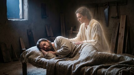 Naklejka premium Angel appearing to Joseph in a dream. Divine revelation in a carpenter workshop. Biblical scene of the Annunciation to Joseph, religious art for Christmas and spiritual celebration.