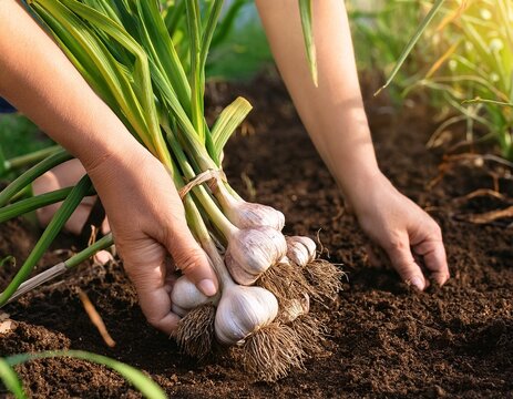 hands harvesting fresh garlic from soil in organic garden