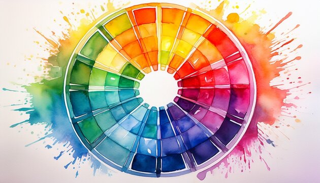 a vibrant watercolor color wheel showcasing a spectrum of colors white background