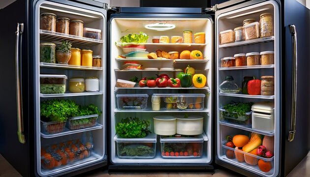 organized refrigerator interior featuring labeled containers and fresh ingredients neatly arranged on clean shelves symbolizing smart food storage meal planning modern kitchen hygiene safety concept