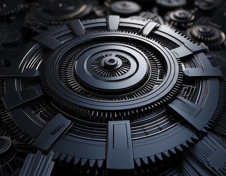 3d abstract technology design with black helios gears on dark background