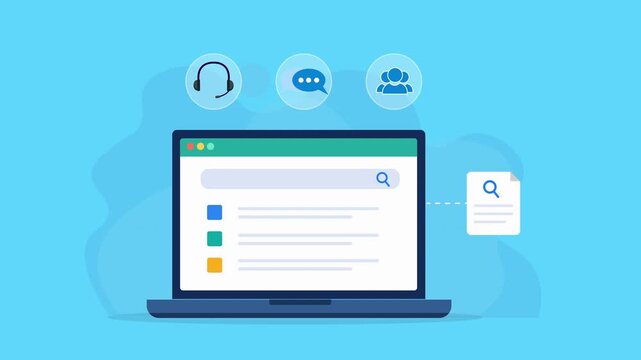 Animated flat vector dashboard on a laptop screen featuring customer support, live messaging, and cloud communication icons. Modern service management and digital workflow concept.