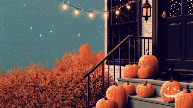 Animated pumpkin moving in front of a cozy house beneath a galaxy sky and flickering moon, whimsical autumn Halloween scene featuring magical night atmosphere, seasonal charm and festive animation