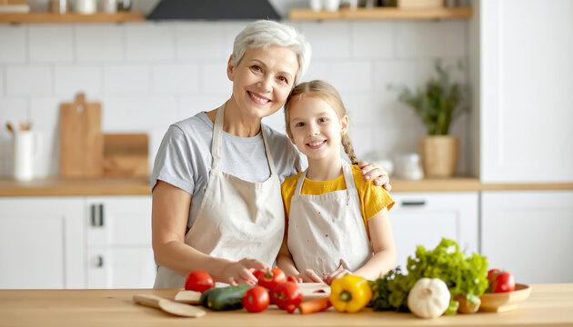 Gro&szlig;mutter und Enkelin beim Kochen in heller K&uuml;che