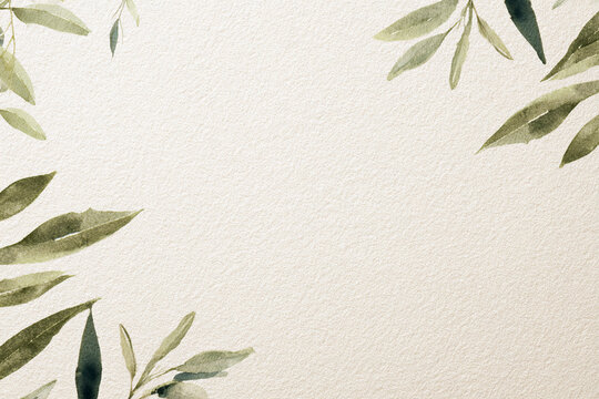 Elegant Watercolor Leaf Border on Textured Paper Background for Invitations and Artistic Designs