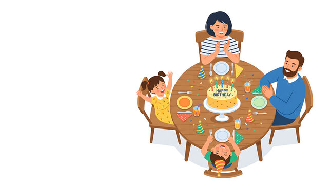 Happy family celebrating birthday with cake and decorations around table