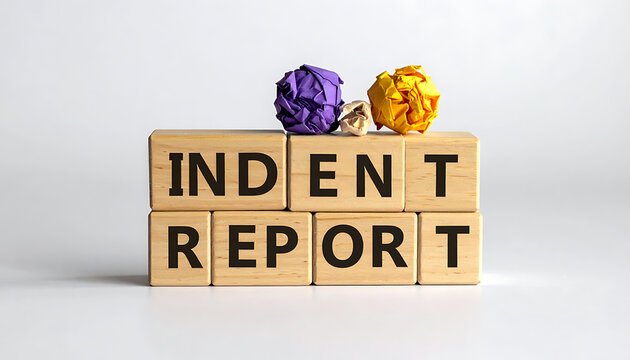 Wooden blocks spelling indent report with paper balls, business analytics, financial auditing, corporate data analysis