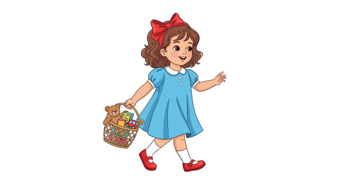 Little girl in blue dress walking.