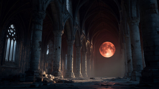 Ruined Gothic Church Interior with a Massive Blood Moon in the Sky