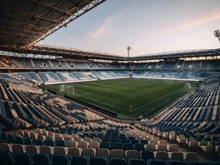 Naklejka premium Empty large stadium with green field under cloudy sky