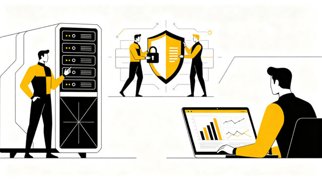 Business data management concept with database security, analytics monitoring and information system administration workflow illustration set