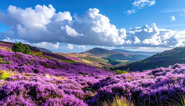 Purple moorland in bloom under a partly cloudy sky, hills in distance