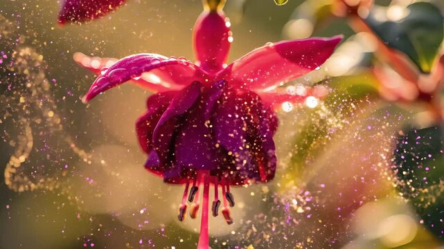 Enchanting glowing particles swirling around a fuchsia flower background