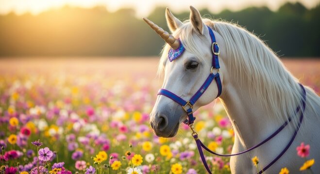 White unicorn standing in a colorful flower field at sunset. Magical mythical horse creature with a golden horn in a summer meadow. Fairy tale fantasy animal for creative inspiration.